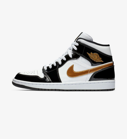 Jordan 1 Mid Patent Black White Gold