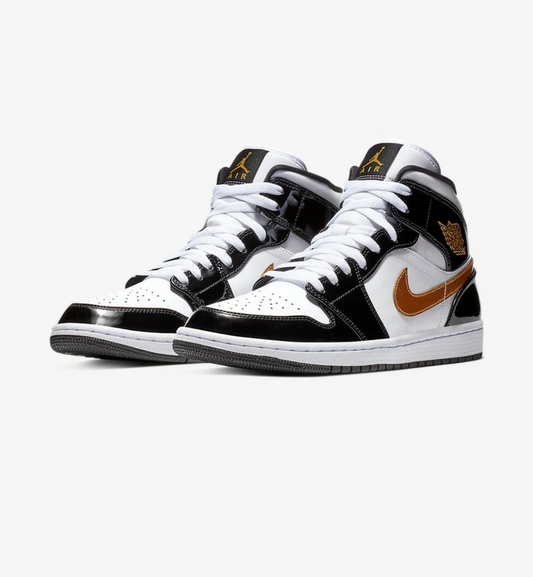 Jordan 1 Mid Patent Black White Gold