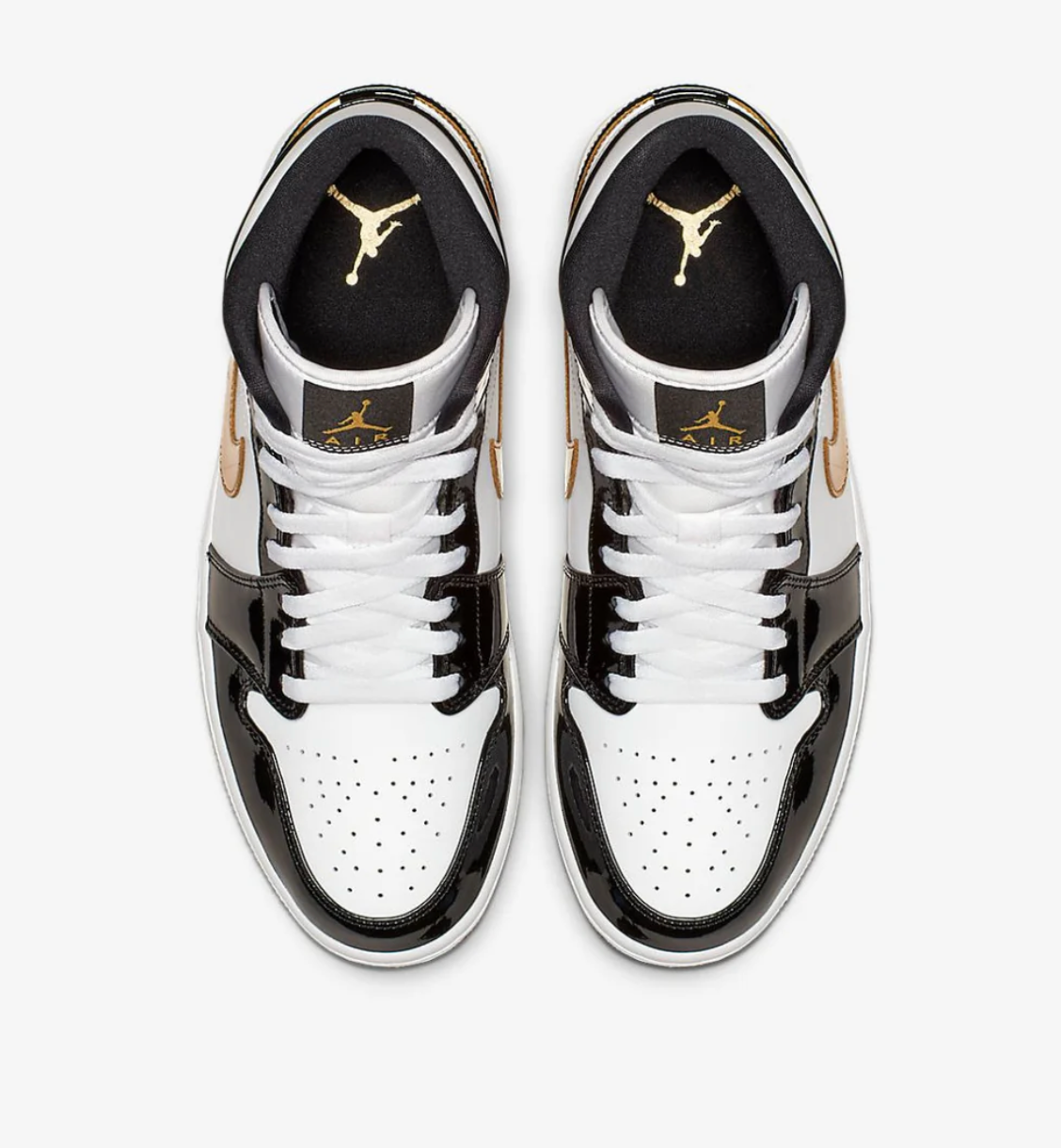 Jordan 1 Mid Patent Black White Gold