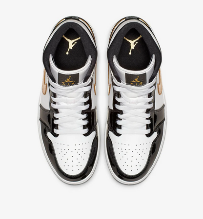 Jordan 1 Mid Patent Black White Gold